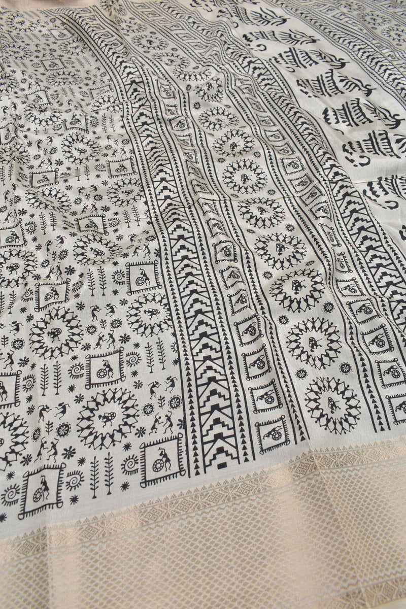 White With Black  Semi Dola Warli Design Sandal Border Saree