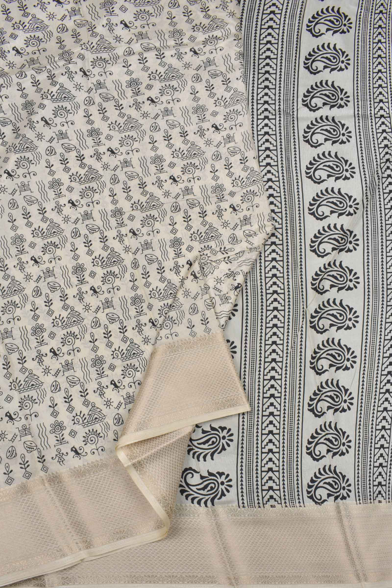 White With Black Semi Dola Warli Fancy Print Design Sandal Border Saree