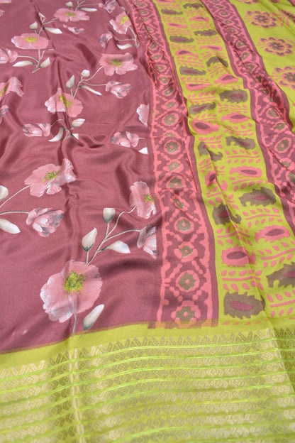 Rustic Maroon Soft Marshmallow Fancy Florals Contrast Green Border Saree