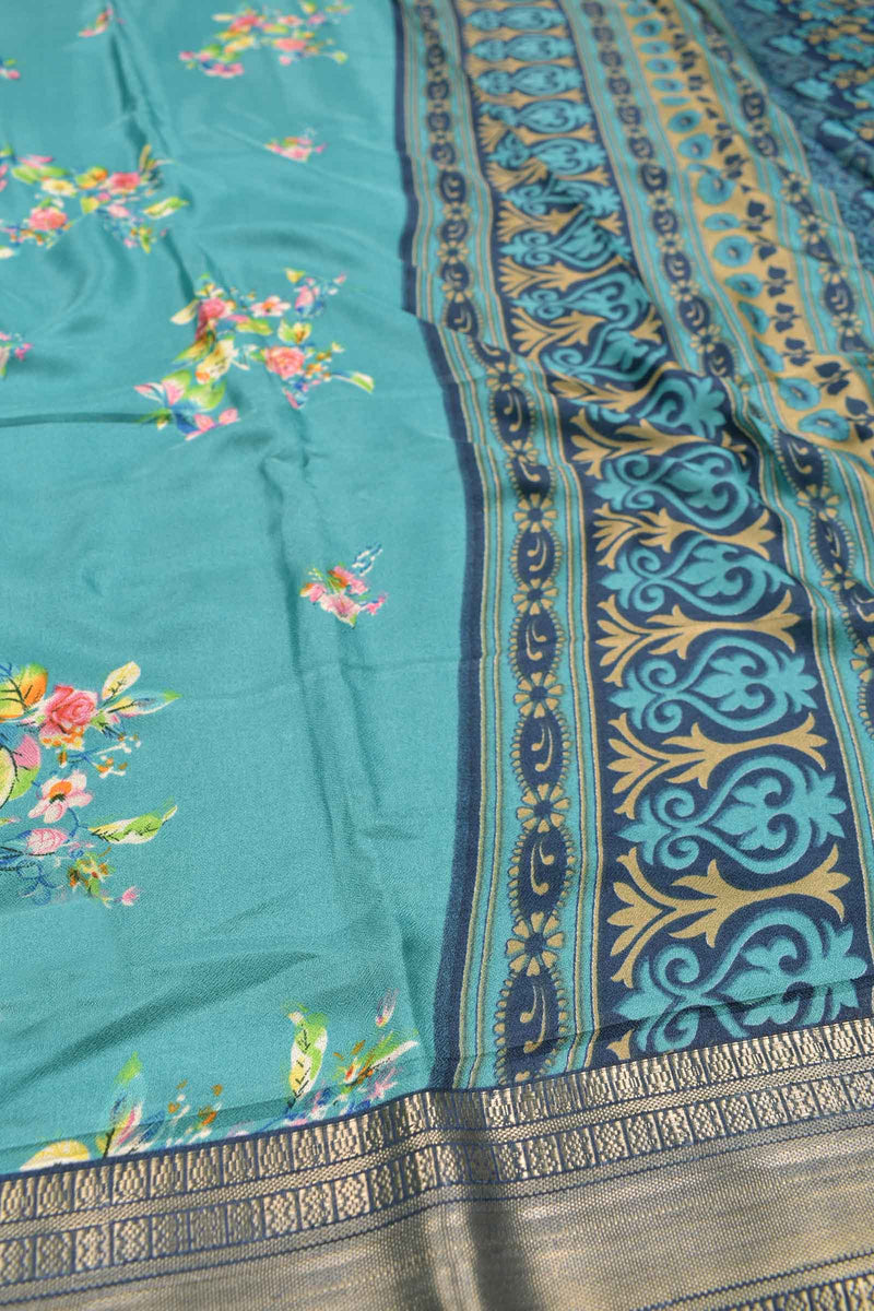 Aqua Blue Soft Marshmallow Fancy Print Contrast Blue Zari Border Saree