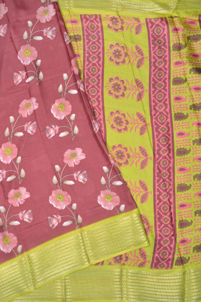 Rustic Maroon Soft Marshmallow Fancy Florals Contrast Green Border Saree