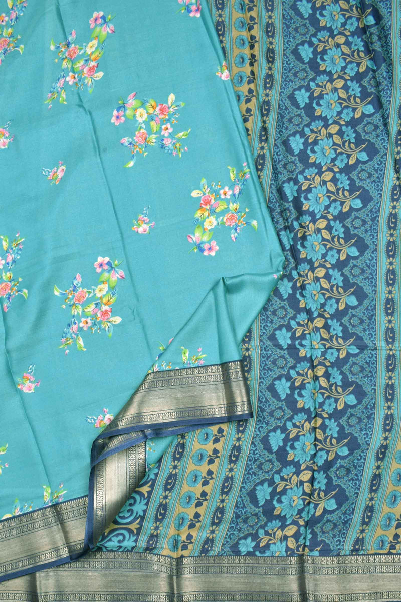 Aqua Blue Soft Marshmallow Fancy Print Contrast Blue Zari Border Saree