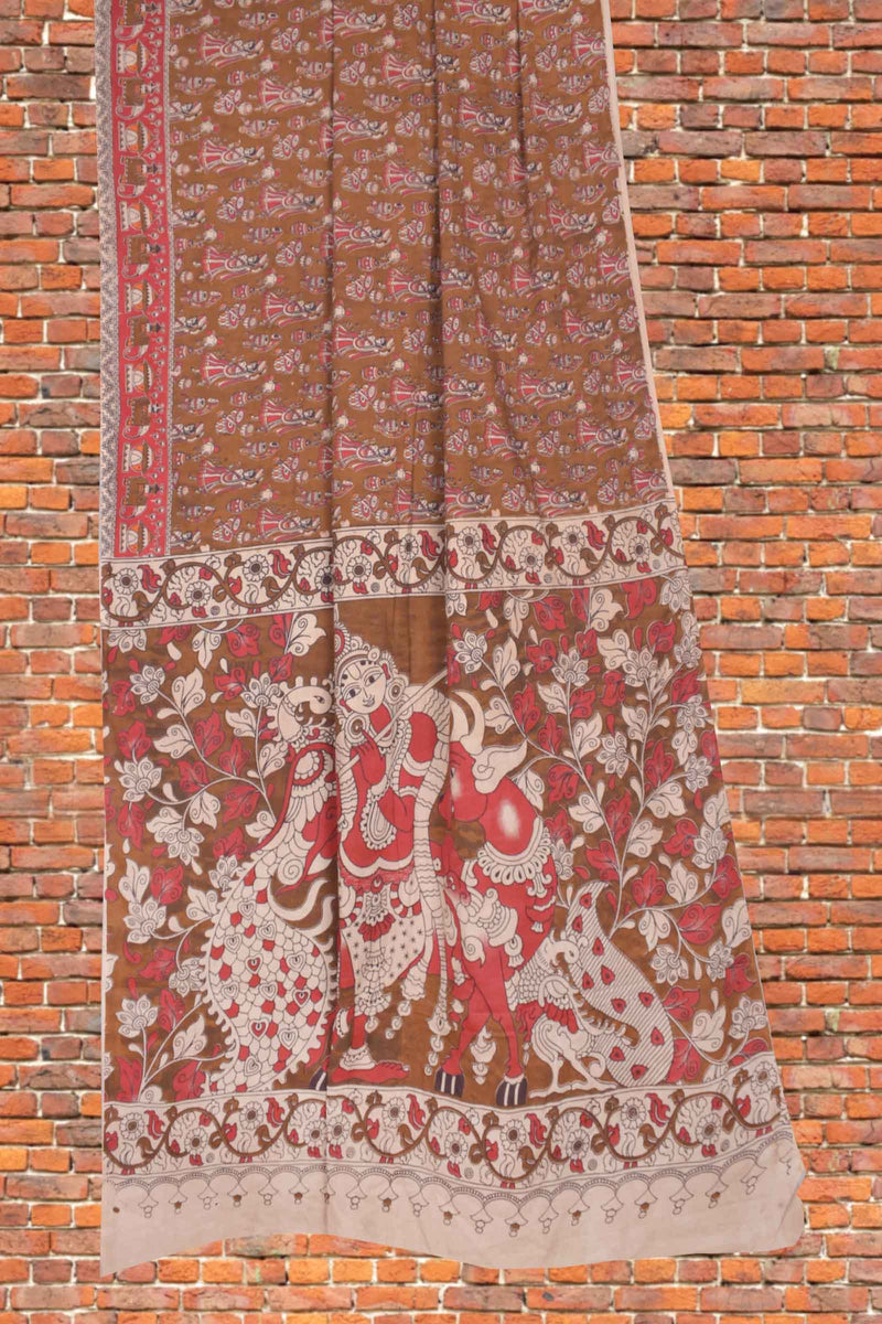 Brown Kalamkari Pure Cotton Folk Art Printed  Saree