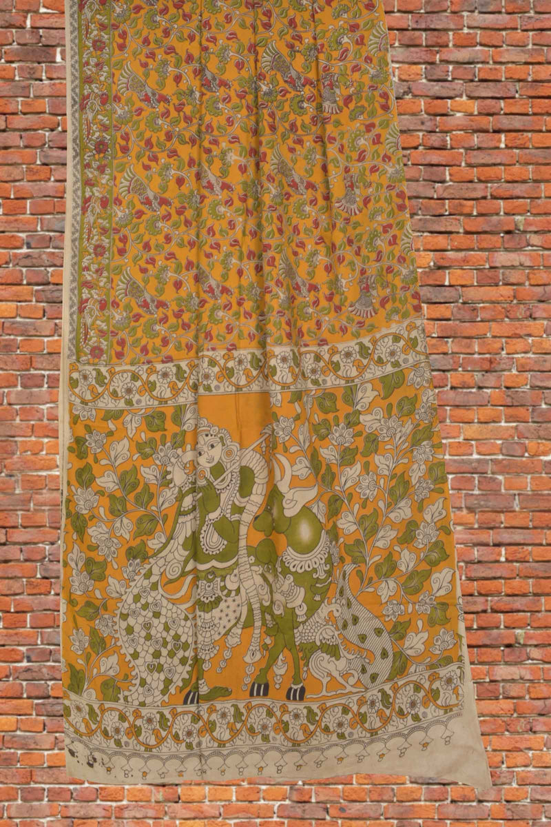 Orange Yellow Kalamkari Pure Cotton Floral Design Vrindavan Pallu Saree