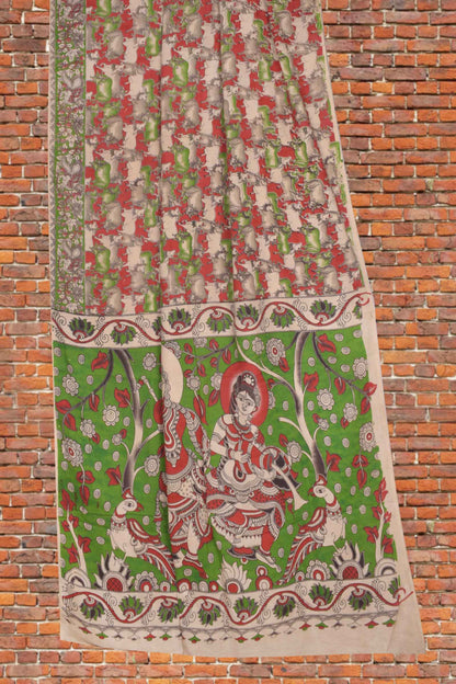 Red Kalamkari Pure Cotton Royal Cow Design Vrindavan Pallu Printed Blouse Saree