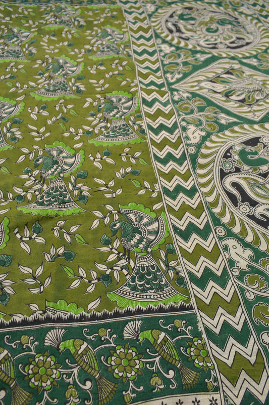 Green Kalamkari Pure Cotton Dancing Peacock Printed Saree