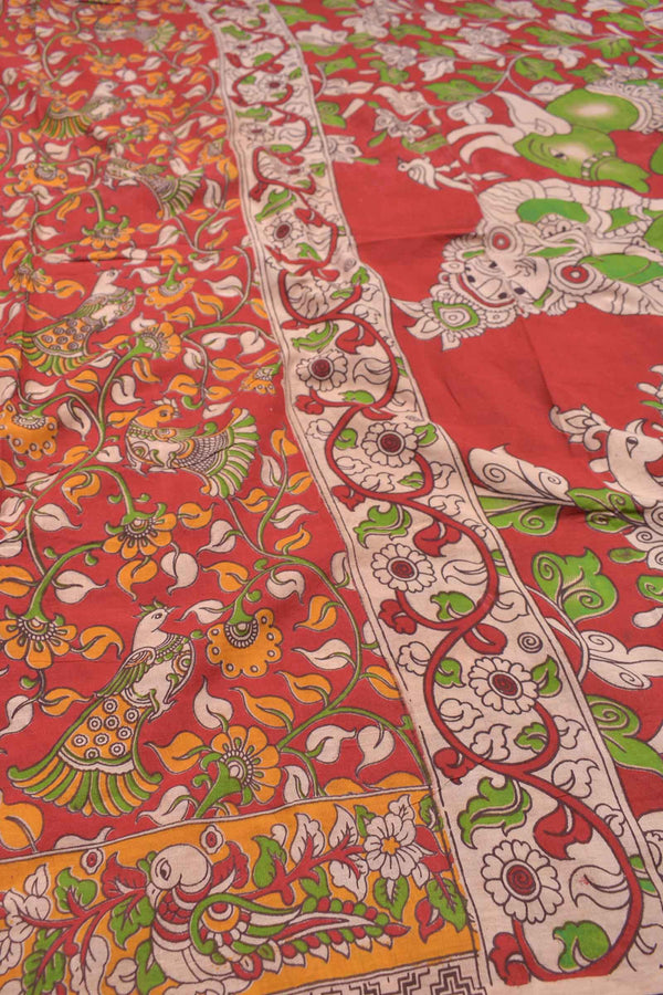 Red Kalamkari Pure Cotton Peacock Garden Vrindavan Pallu Printed Saree