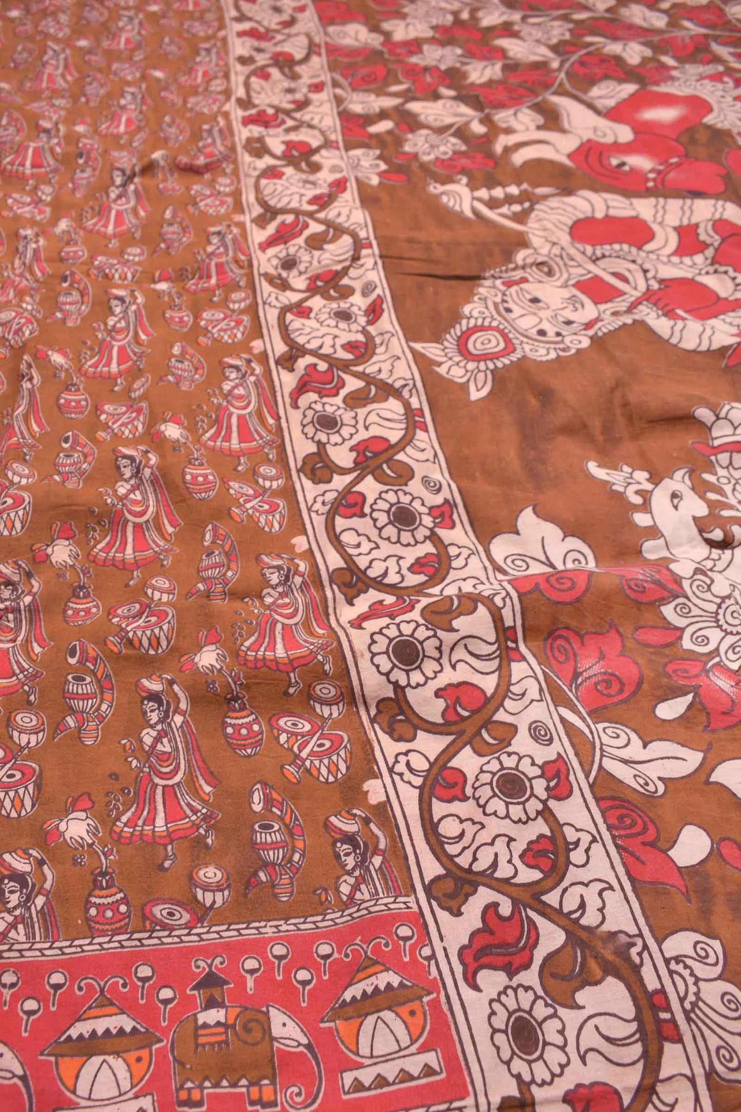 Brown Kalamkari Pure Cotton Folk Art Printed  Saree