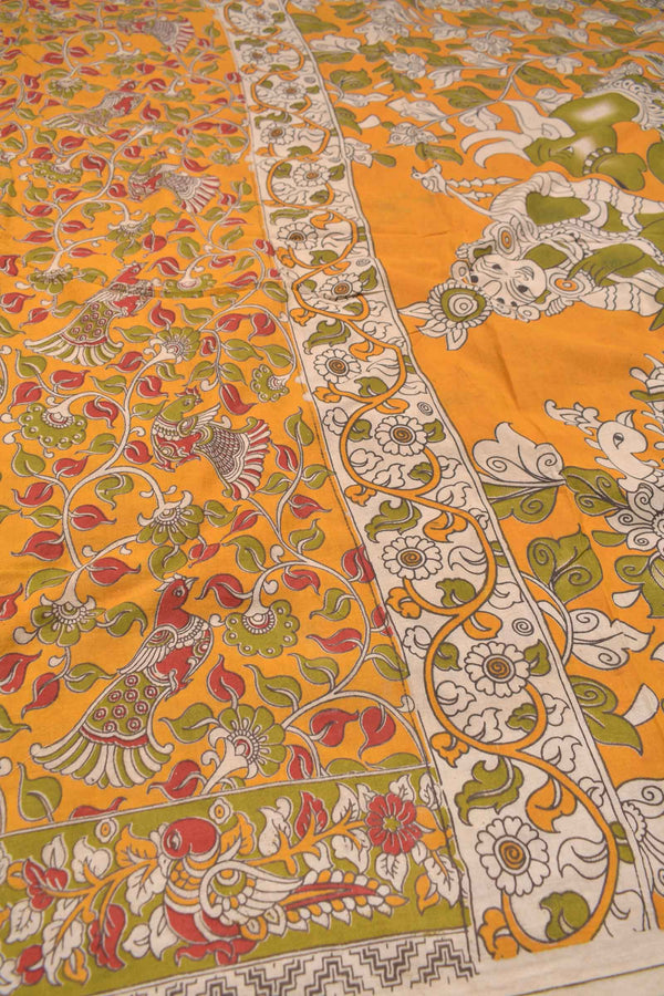 Orange Yellow Kalamkari Pure Cotton Floral Design Vrindavan Pallu Saree