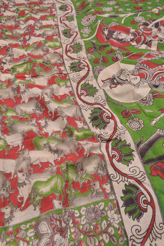 Red Kalamkari Pure Cotton Royal Cow Design Vrindavan Pallu Printed Blouse Saree