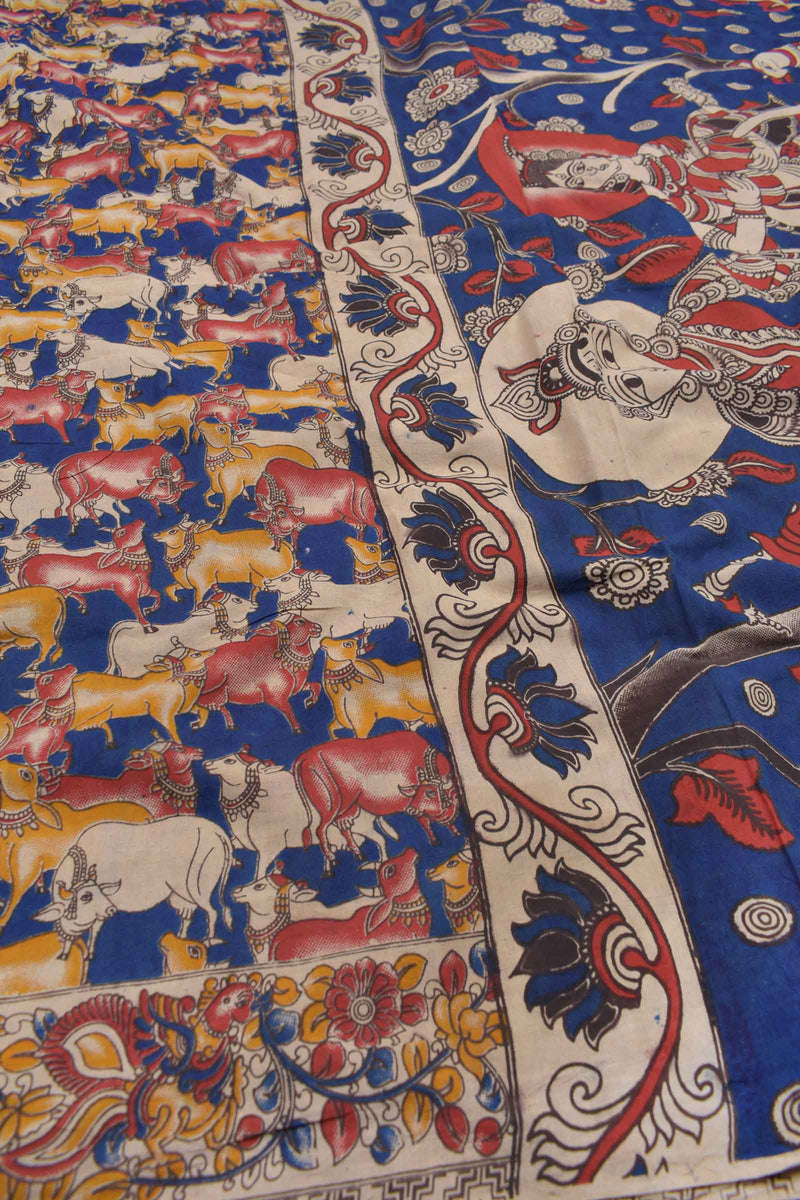 Blue Kalamkari Pure Cotton Royal Cow Butta Divine Art Pallu Printed Blouse Saree