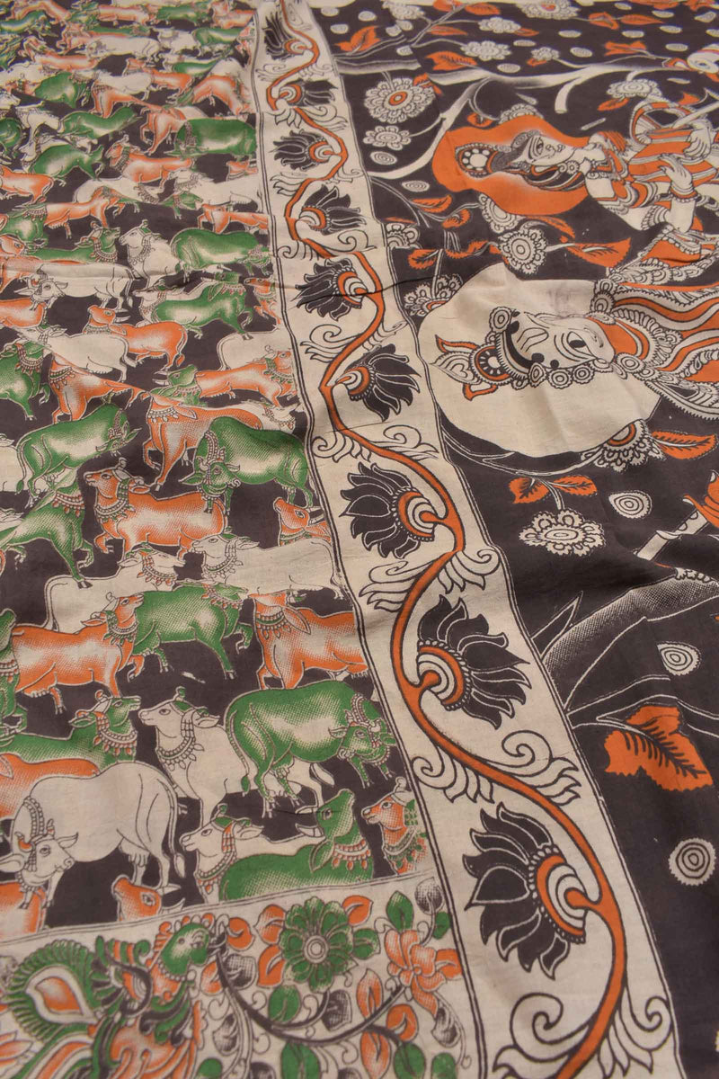 Charcoal Black Kalamkari Pure Cotton Royal Cow Butta Divine Art Pallu Printed Blouse Saree