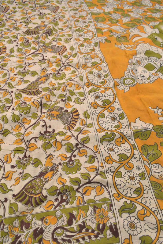 Off White Kalamkari Pure Cotton Peacock Design Royal Pallu Saree