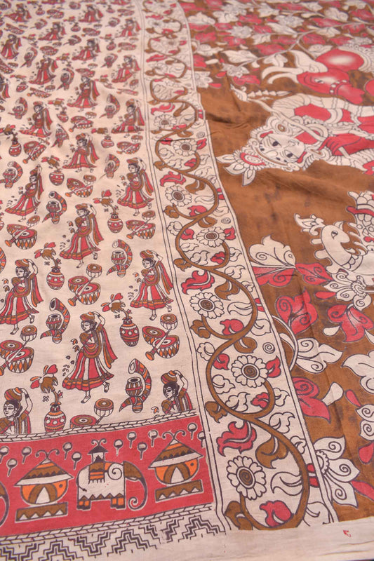 Off White Kalamkari Pure Cotton Folk Art Design Vrindavan Pallu Printed Saree