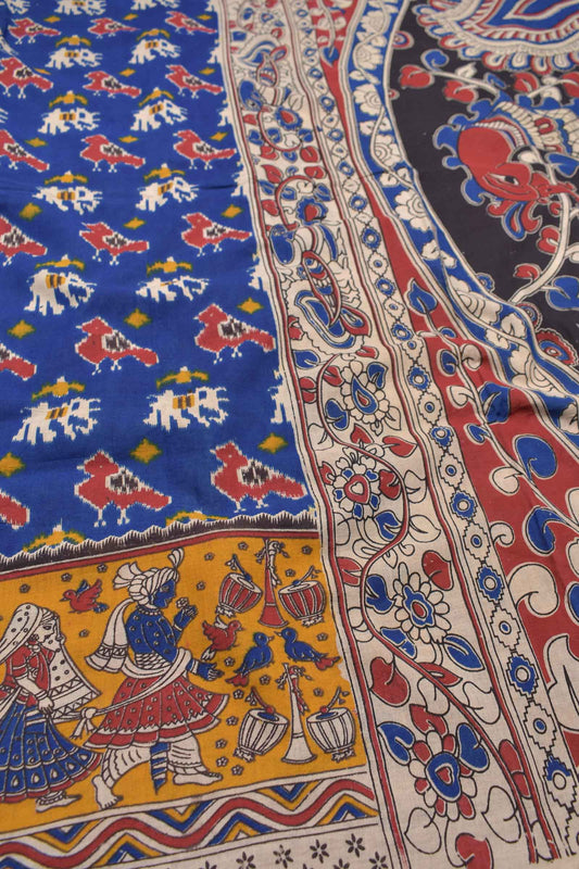 Blue Kalamkari Pure Cotton Ikkat Style Parrot Design Peacock Pallu Saree