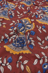 Maroon Kalamkari Pure Cotton Dancing Peacock Printed Saree