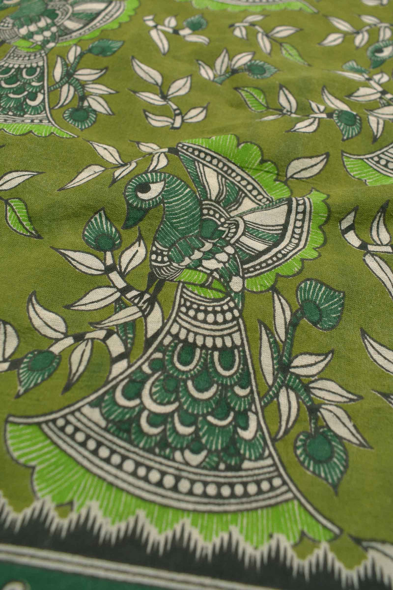 Green Kalamkari Pure Cotton Dancing Peacock Printed Saree