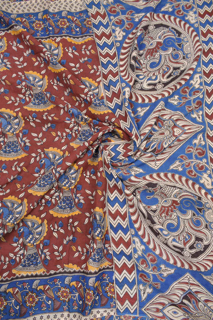 Maroon Kalamkari Pure Cotton Dancing Peacock Printed Saree