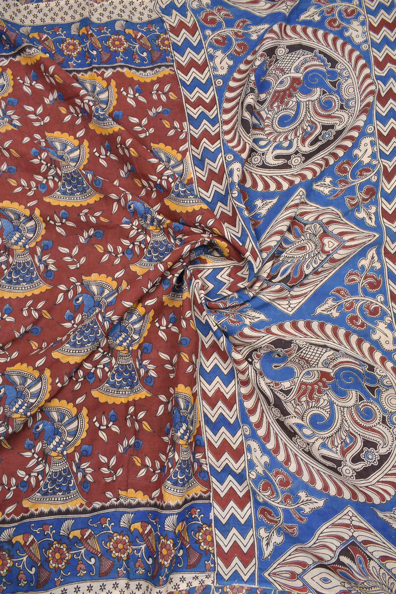 Maroon Kalamkari Pure Cotton Dancing Peacock Printed Saree