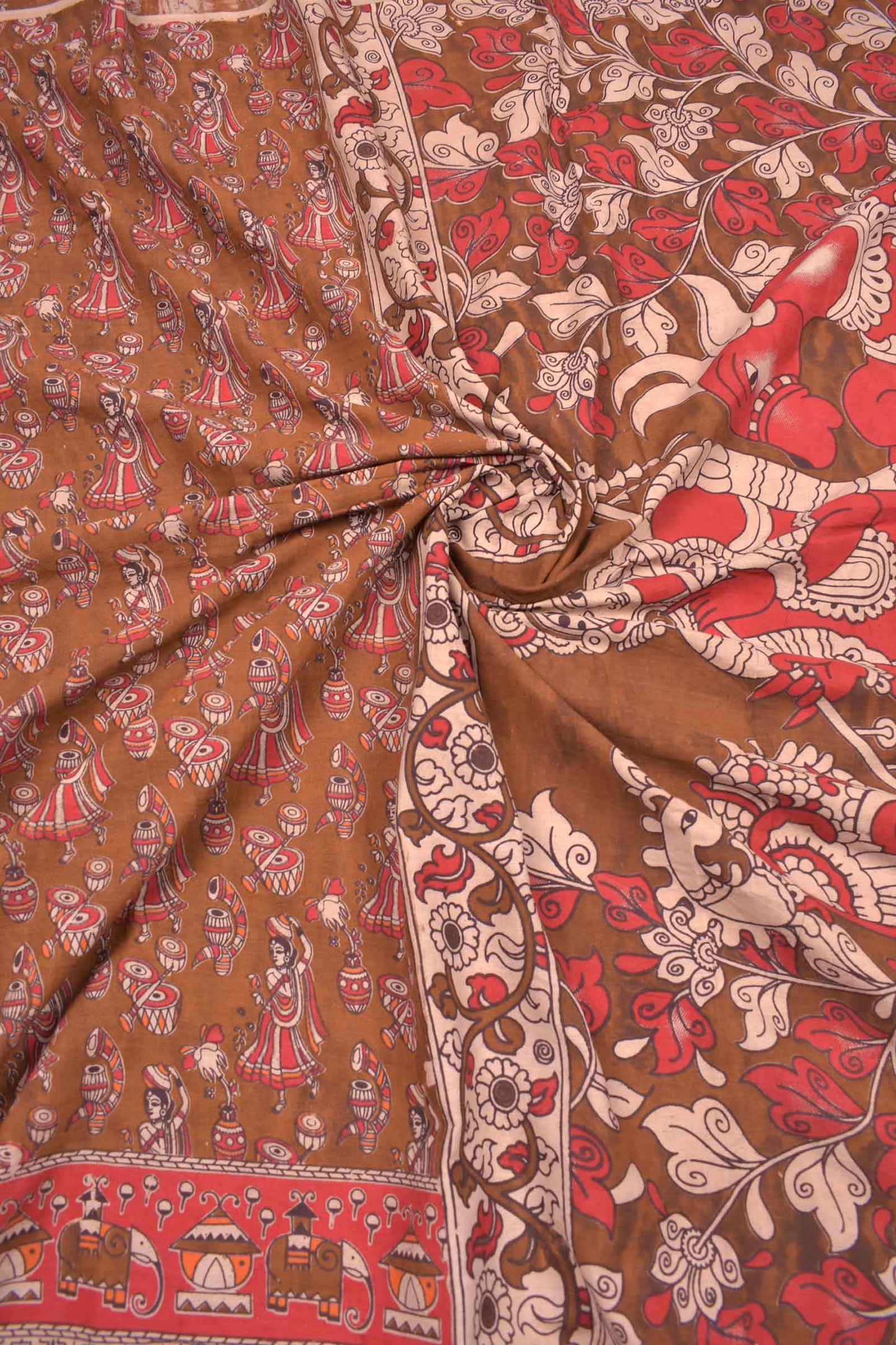 Brown Kalamkari Pure Cotton Folk Art Printed  Saree