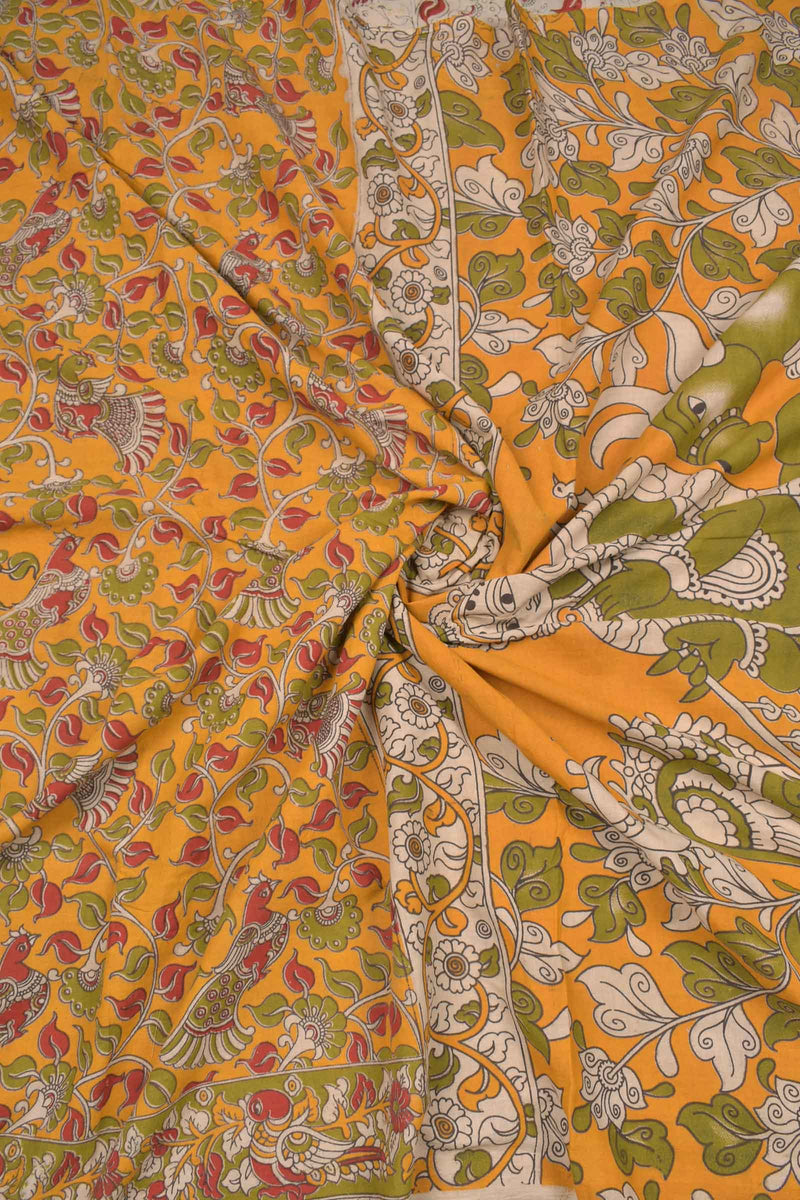 Orange Yellow Kalamkari Pure Cotton Floral Design Vrindavan Pallu Saree