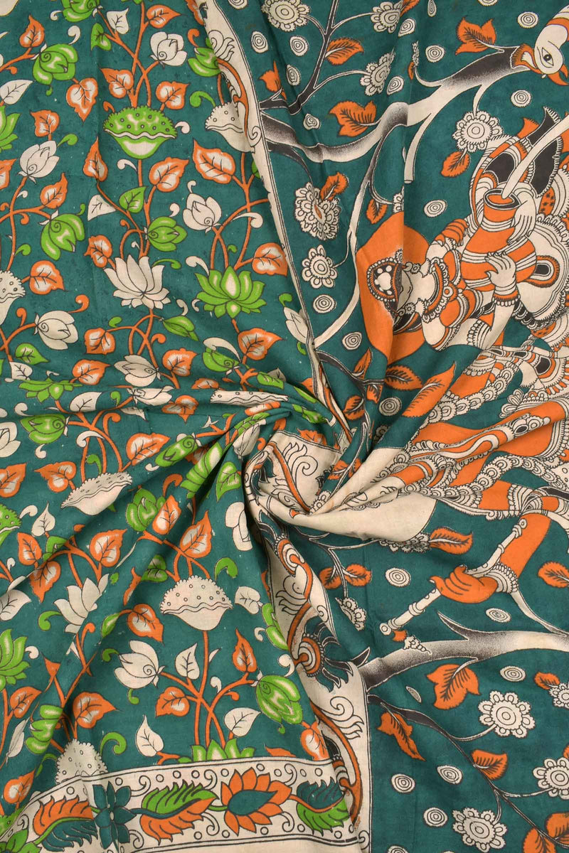 Green Kalamkari Pure Cotton Lotus Design Vrindavan Pallu Printed Blouse Saree