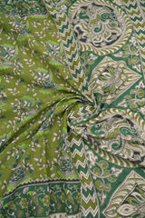 Green Kalamkari Pure Cotton Dancing Peacock Printed Saree