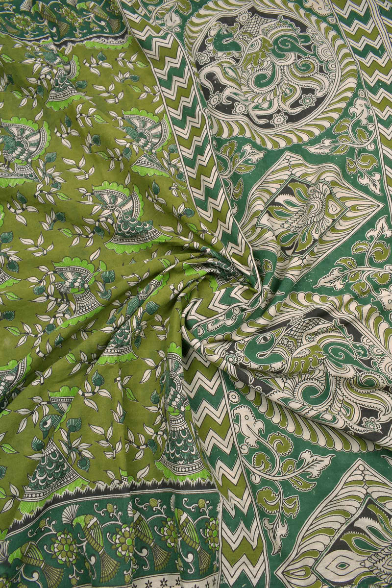 Green Kalamkari Pure Cotton Dancing Peacock Printed Saree