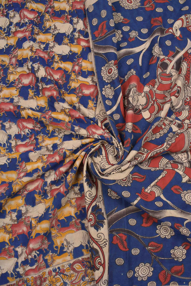 Blue Kalamkari Pure Cotton Royal Cow Butta Divine Art Pallu Printed Blouse Saree