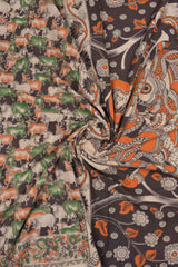 Charcoal Black Kalamkari Pure Cotton Royal Cow Butta Divine Art Pallu Printed Blouse Saree