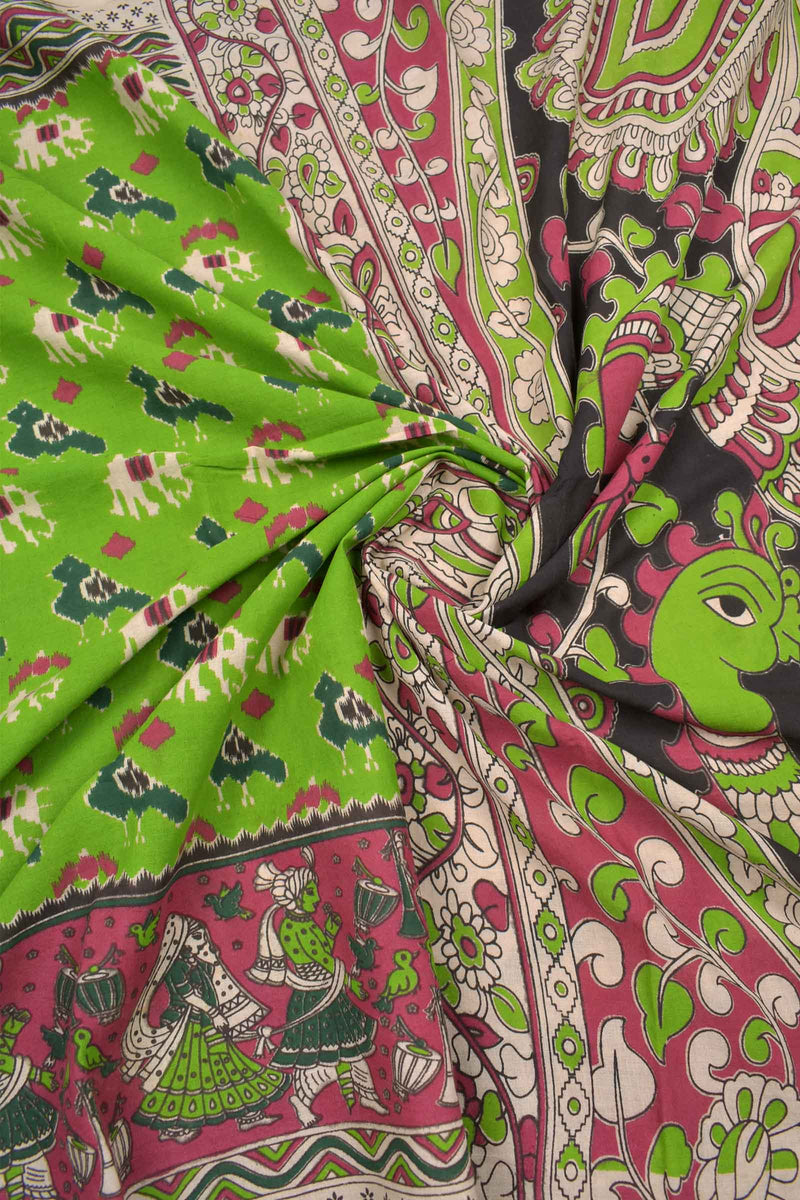 Grass Green Kalamkari Pure Cotton Ikkat Style Printed Designs Peacock Pallu Saree