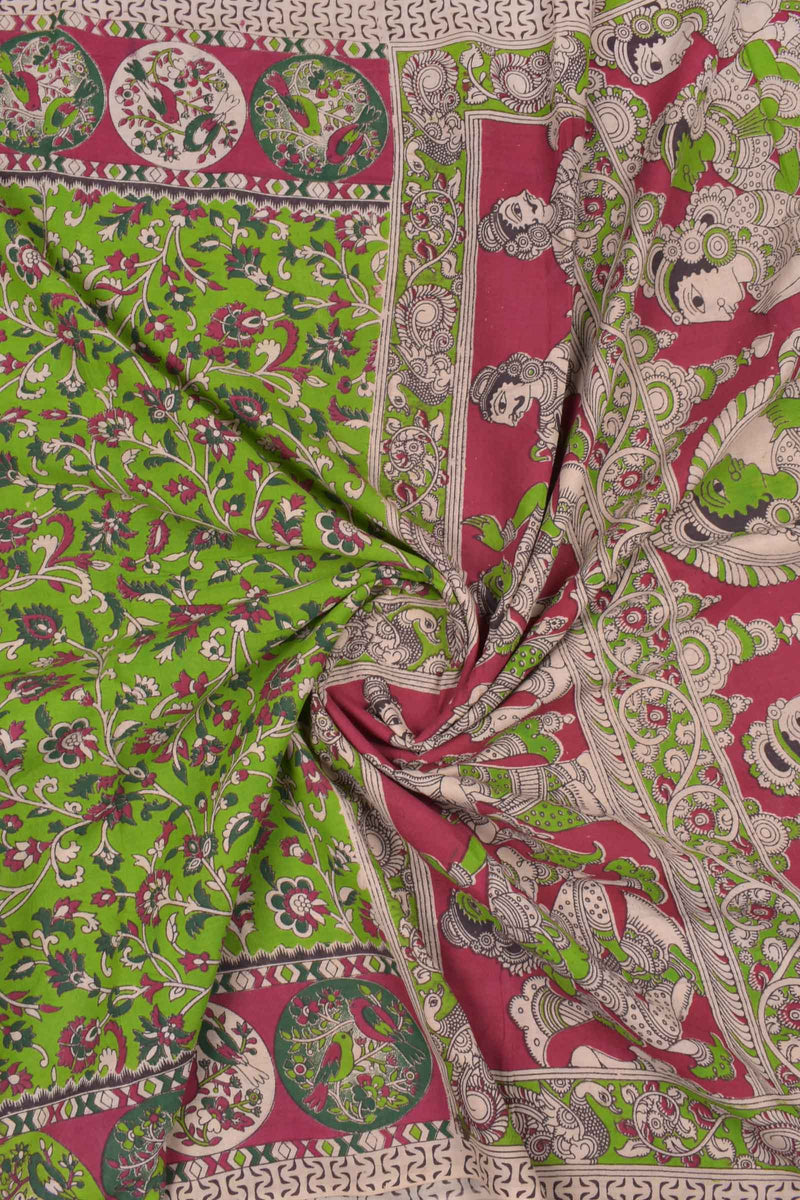 Green Kalamkari Pure Cotton Floral Leaves Design Royal Scenes Pallu Printed Blouse Saree