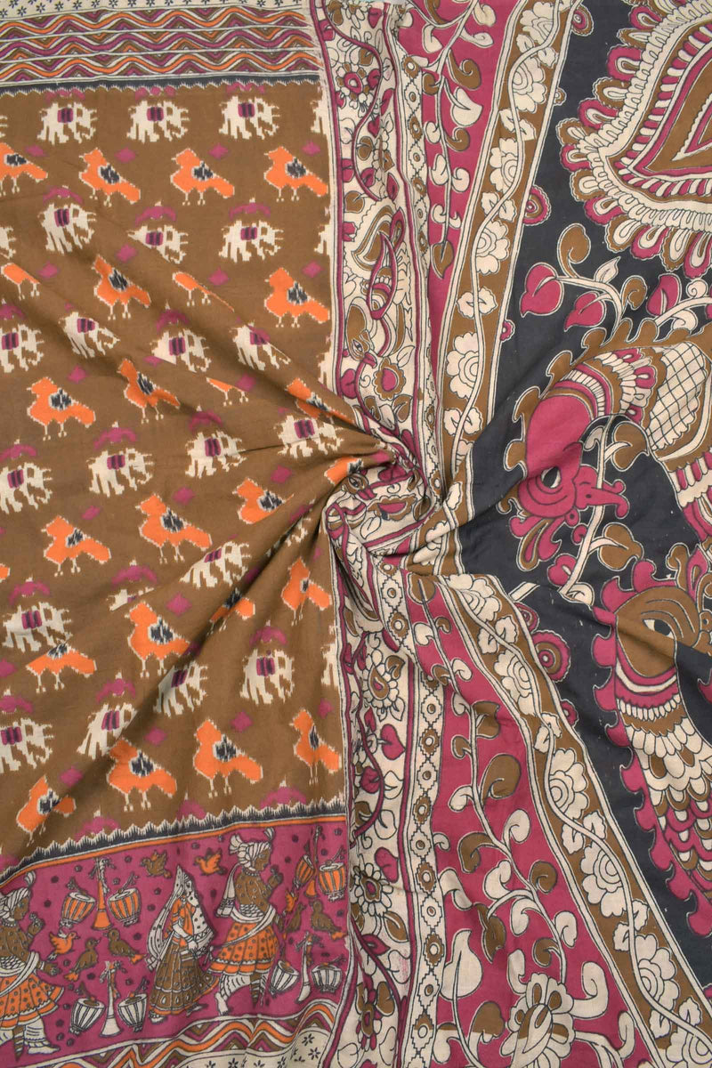 Warm Brown Kalamkari Pure Cotton Ikkat Style Prints Peacock Pallu Saree