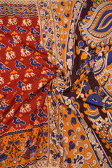 Deep Red Kalamkari Pure Cotton Ikkat Style Parrots Peacock Pallu Saree