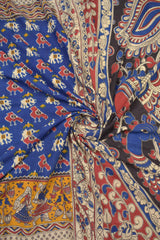 Blue Kalamkari Pure Cotton Ikkat Style Parrot Design Peacock Pallu Saree