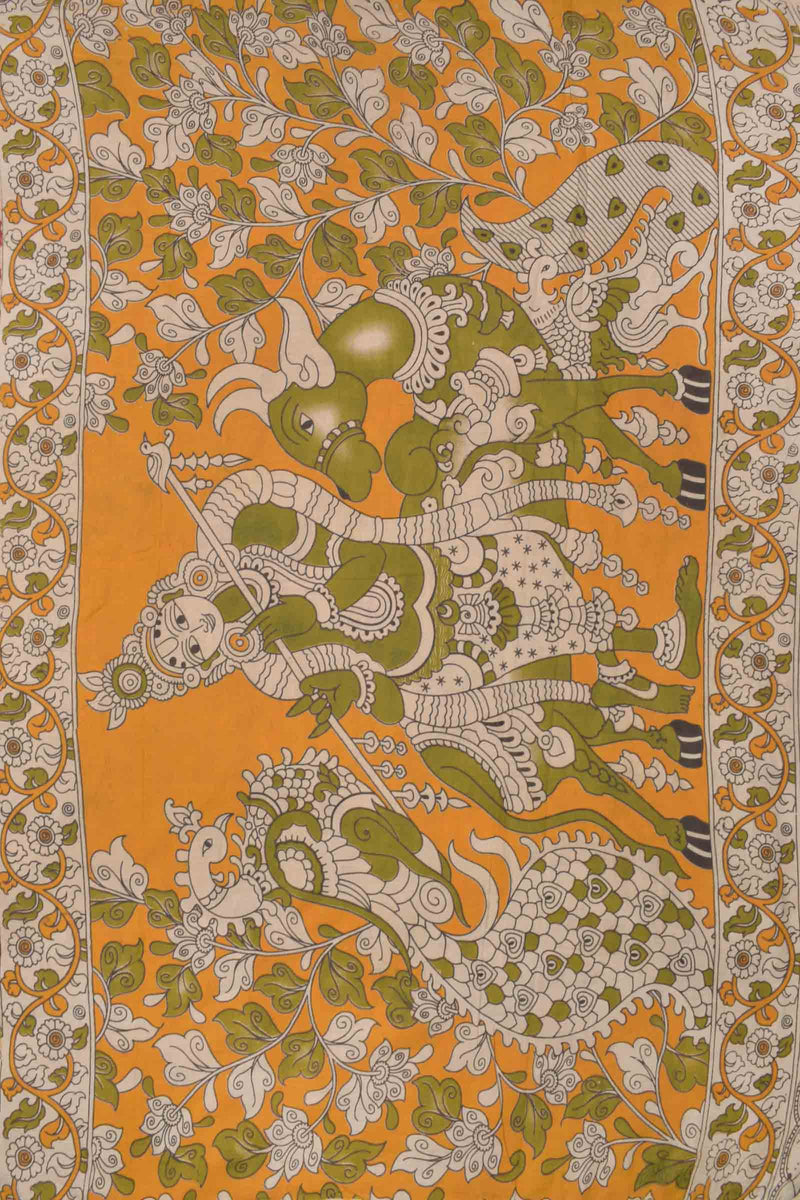 Orange Yellow Kalamkari Pure Cotton Floral Design Vrindavan Pallu Saree