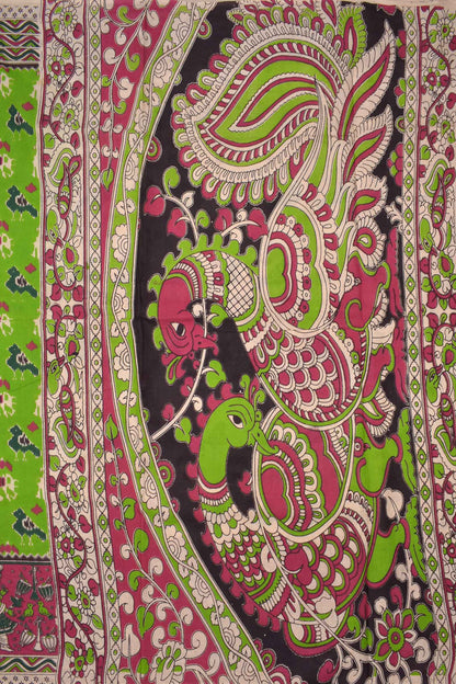 Grass Green Kalamkari Pure Cotton Ikkat Style Printed Designs Peacock Pallu Saree