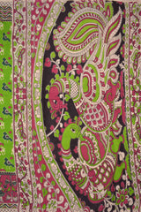 Grass Green Kalamkari Pure Cotton Ikkat Style Printed Designs Peacock Pallu Saree