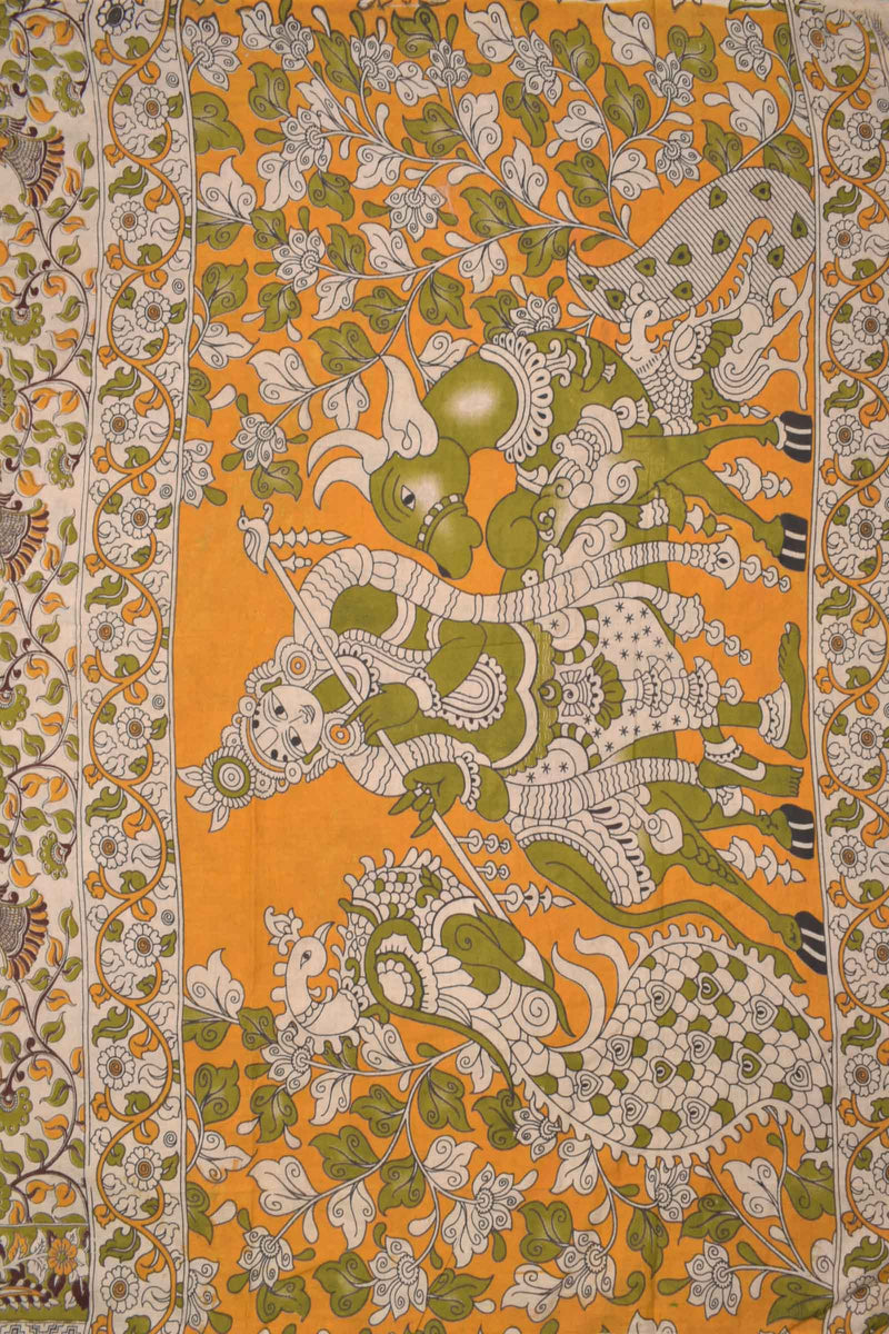 Off White Kalamkari Pure Cotton Peacock Design Royal Pallu Saree