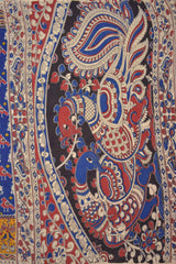 Blue Kalamkari Pure Cotton Ikkat Style Parrot Design Peacock Pallu Saree