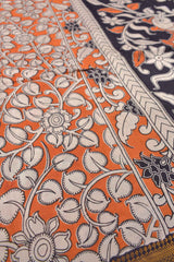 Orange Kalamkari Silk Cotton Floral Design Zari Border Peacock Pallu Saree