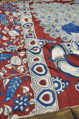 Maroon Kalamkari Silk Floral Vibe Zari Border Peacock Pallu Saree