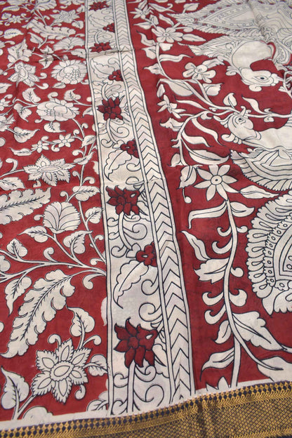 Deep Maroon Kalamkari Silk Royal Gardenia Zari Border Peacock Pallu Saree