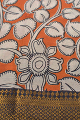 Orange Kalamkari Silk Cotton Floral Design Zari Border Peacock Pallu Saree