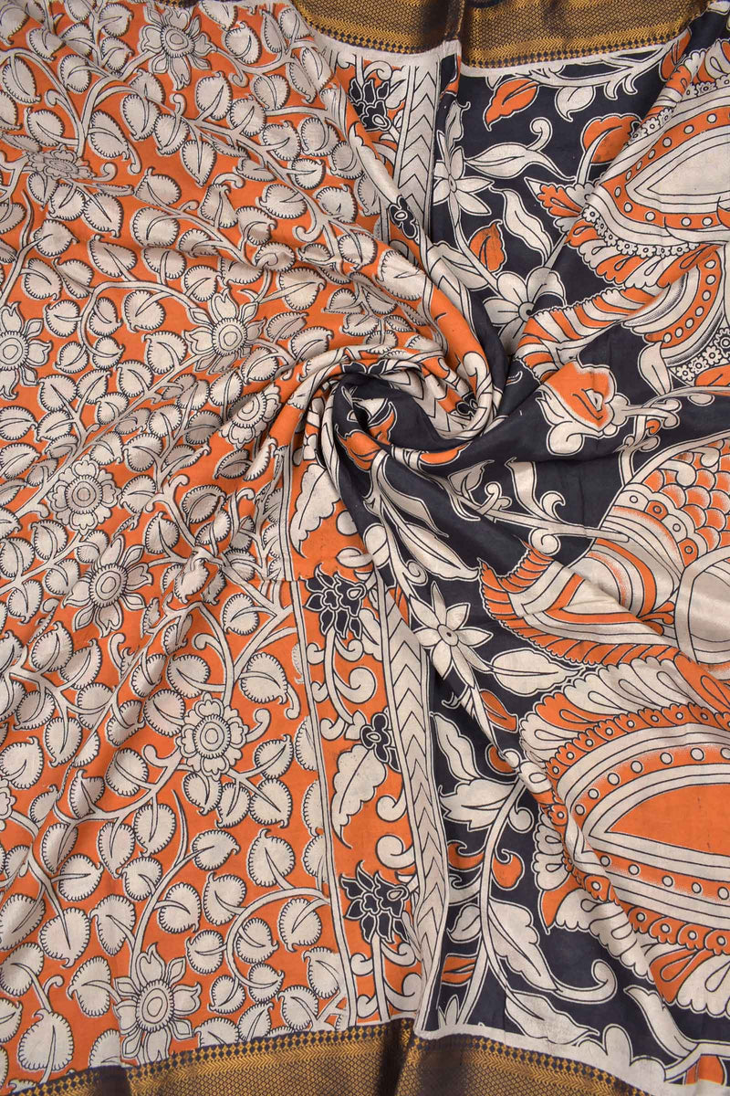 Orange Kalamkari Silk Cotton Floral Design Zari Border Peacock Pallu Saree