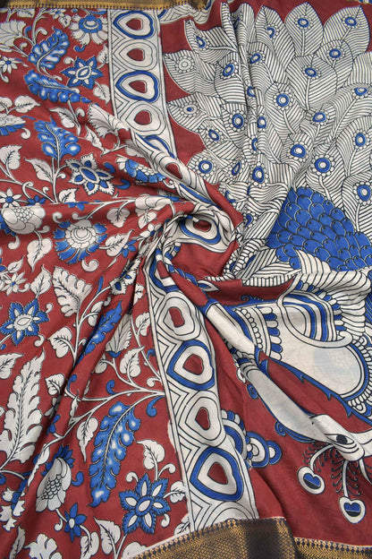 Maroon Kalamkari Silk Floral Vibe Zari Border Peacock Pallu Saree