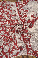 Deep Maroon Kalamkari Silk Royal Gardenia Zari Border Peacock Pallu Saree