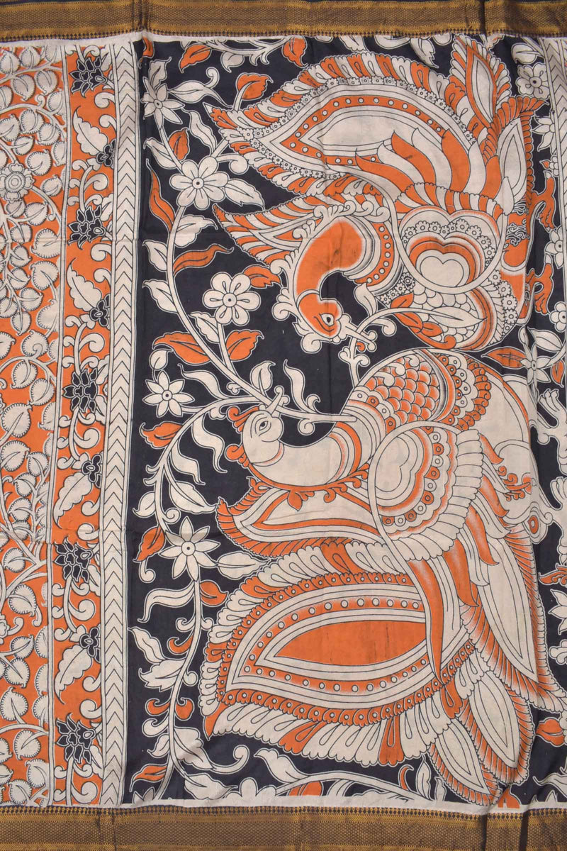 Orange Kalamkari Silk Cotton Floral Design Zari Border Peacock Pallu Saree