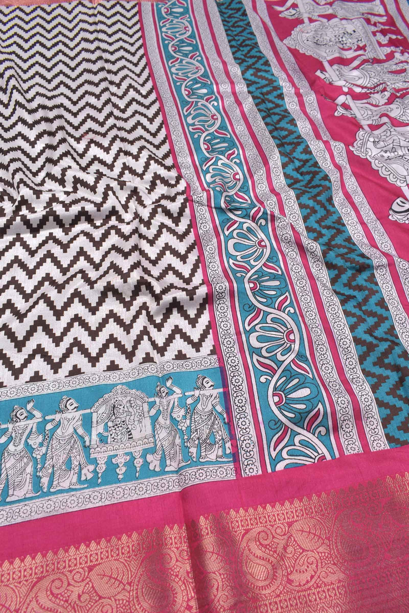 White With Black Semi Dola Chevron Waves Contrast Pink Border Saree