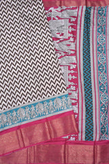 White With Black Semi Dola Chevron Waves Contrast Pink Border Saree